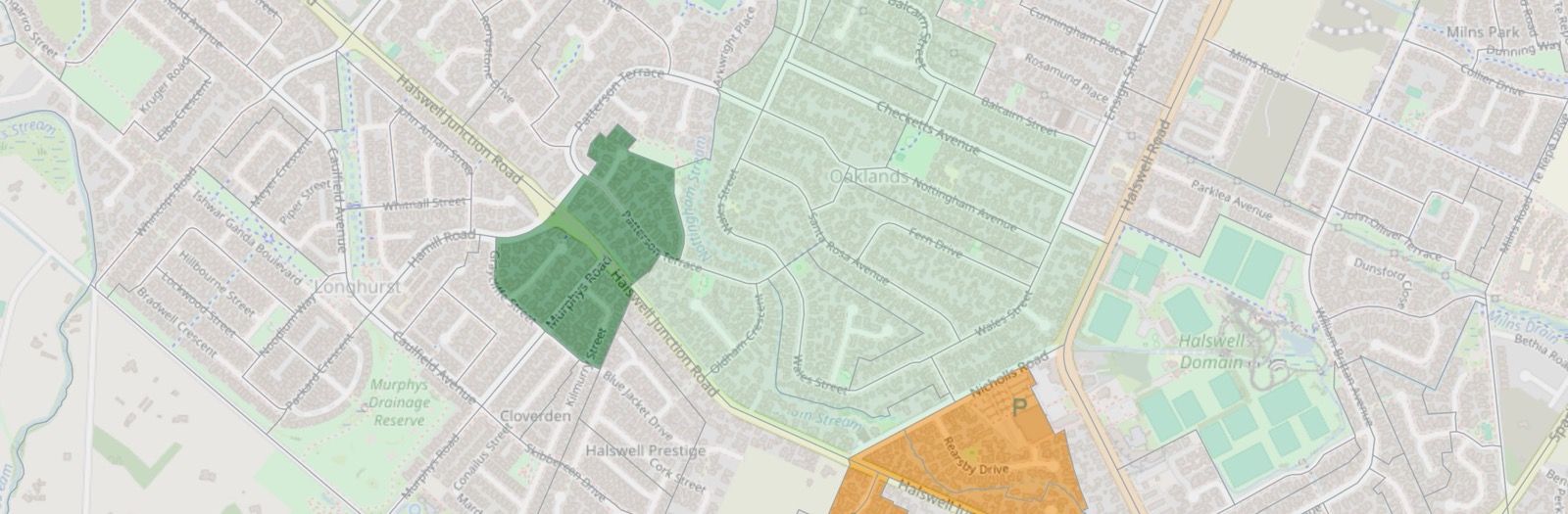 An aerial map of a Christchurch suburb part-way through a campaign: a large block of streets in amber where volunteers have claimed the work, a block of streets in green where it is finished, and pale untouched streets around them.