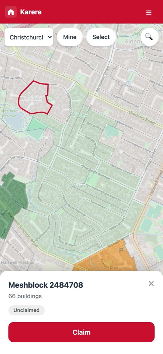 A block selected on the phone map, with a sheet sliding up from the bottom offering the option to claim it.