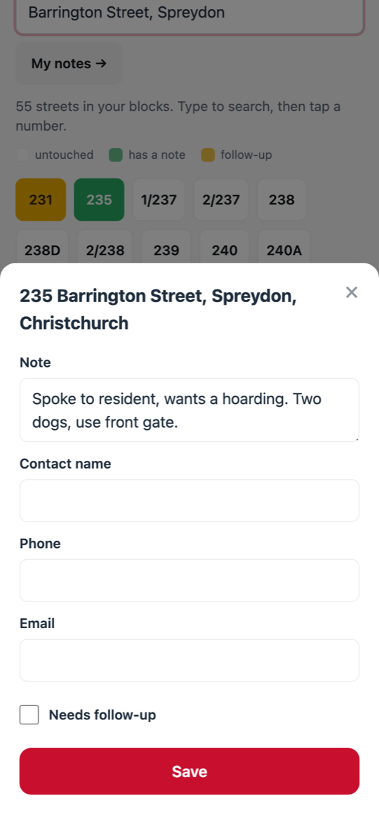 A grid of every house number on one street, with a note being typed against one of the addresses.